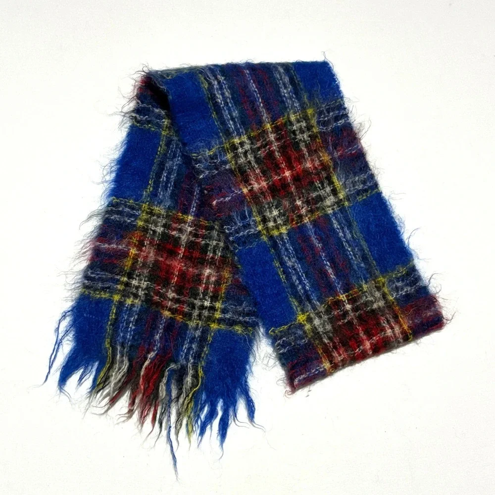 Vtg Glentana Scarf Unisex OS Blue Mohair Wool Plaid Made Scotland Fuzzy Tartan